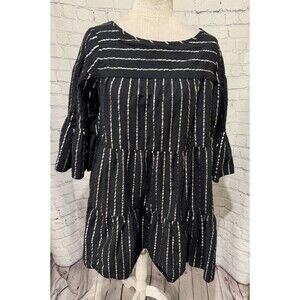 Gap Cotton Dress Black Silver Metallic Stripe Oversized Bell Sleeve Tier Size SP